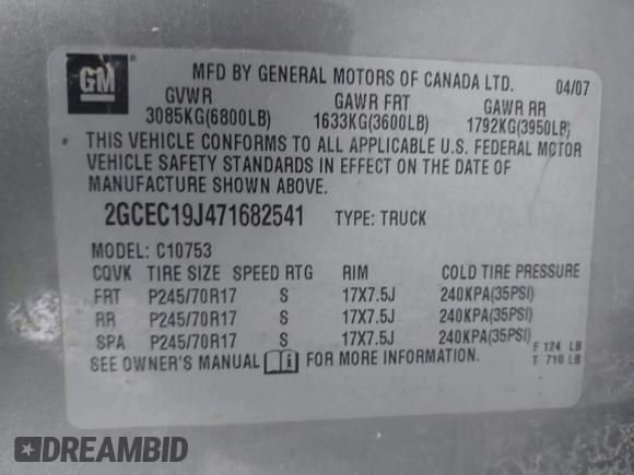 2007 Chevrolet Silverado 1500 LT w/1LT with VIN 2GCEC19J471682541, listed as a IAAI auction lot 41235872 with 200,802 mi miles. Bid and sale history available at carsss.com. Image 9.