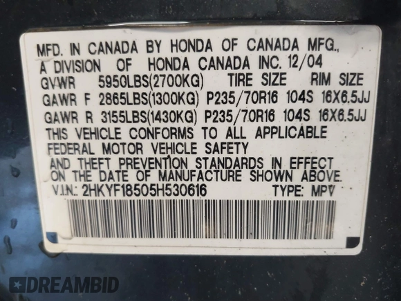 2005 Honda Pilot EX-L с VIN 2HKYF18505H530616, выставлен на аукционе IAAI как лот 42517886 с пробегом 211 218 миль миль и . История ставок и продаж доступна на DreamBid. Изображение 9.