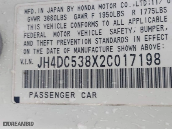 2002 Acura RSX Manual with VIN JH4DC538X2C017198, listed as a IAAI auction lot 41066564 with 193,662 mi miles. Bid and sale history available at carsss.com. Image 9.