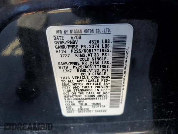 2008 Nissan Rogue SL with VIN JN8AS58V58W411256, listed as a Copart auction lot 42622005 with 164,324 mi miles and Non Repairable. Bid and sale history available at DreamBid. Image 13.
