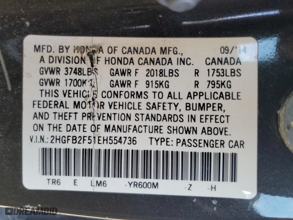 2014 Honda Civic Sedan LX with VIN 2HGFB2F51EH554736, listed as a Copart auction lot 54379215 with 166,288 mi miles and Clean Title. Bid and sale history available at carsss.com. Image 12.