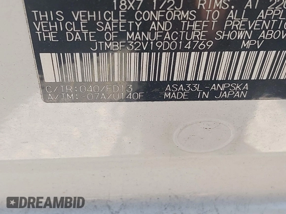 2009 Toyota RAV4 Sport with VIN JTMBF32V19D014769, listed as a IAAI auction lot 42595447 with 120,468 mi miles and . Bid and sale history available at DreamBid. Image 9.