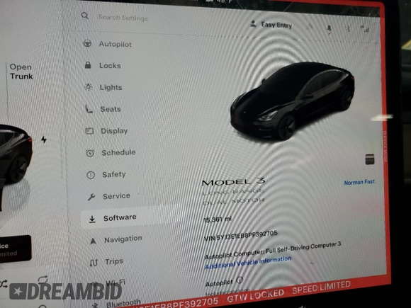 2023 Tesla Model 3 Long Range with VIN 5YJ3E1EB8PF392705, listed as a Copart auction lot 47595985 with 15,361 mi miles and Salvage Title. Bid and sale history available at DreamBid. Image 9.