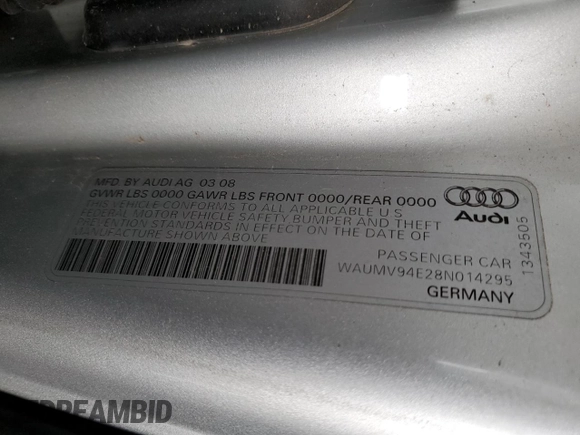 2008 Audi A8 L 4.2L with VIN WAUMV94E28N014295, listed as a Copart auction lot 53920295 with 116,703 mi miles and Clean Title. Bid and sale history available at carsss.com. Image 12.