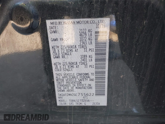 2016 Nissan Rogue SV with VIN 5N1AT2MV2GC755622, listed as a IAAI auction lot 40656869 with 132,970 mi miles and . Bid and sale history available at DreamBid. Image 9.