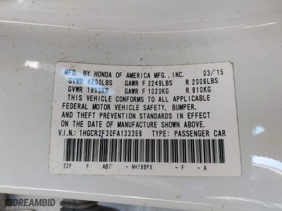 2015 Honda Accord Sedan LX with VIN 1HGCR2F30FA133359, listed as a IAAI auction lot 41830486 with NaN miles. Bid and sale history available at carsss.com. Image 9.
