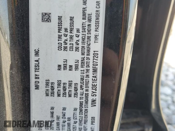 2021 Tesla Model 3 Standard Range Plus z VIN 5YJ3E1EA1MF077201, wystawiony jako Copart lot #49576465 z przebiegiem 34 809 mil mil oraz Szkody całkowita. Historia ofert i sprzedaży dostępna na DreamBid. Obrazek 13.