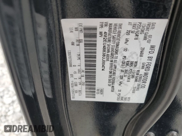 2008 Mercury Mountaineer Premier with VIN 4M2EU48838UJ00474, listed as a Copart auction lot 81379454 with 120,596 mi miles and Salvage Title. Bid and sale history available at carsss.com. Image 13.