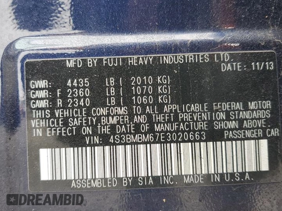 2014 Subaru Legacy Limited with VIN 4S3BMBM67E3020663, listed as a Copart auction lot 60965205 with 55,064 mi miles and Salvage title. Bid and sale history available at DreamBid. Image 12.