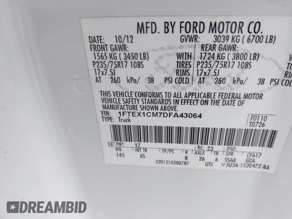 2013 Ford F-150 XL with VIN 1FTEX1CM7DFA43064, listed as a IAAI auction lot 41536493 with 182,465 mi miles. Bid and sale history available at carsss.com. Image 9.