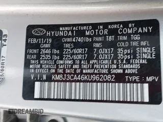 2019 Hyundai Tucson Value with VIN KM8J3CA46KU962082, listed as a IAAI auction lot 42160288 with 92,887 mi miles and . Bid and sale history available at DreamBid. Image 9.