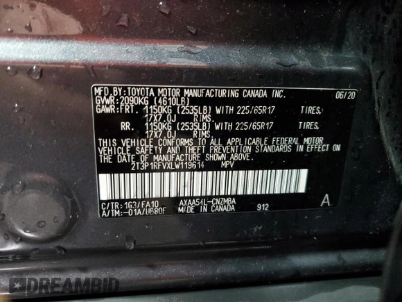 2020 Toyota RAV4 XLE with VIN 2T3P1RFVXLW119614, listed as a Copart auction lot 77139364 with 74,020 mi miles and Salvage Title. Bid and sale history available at carsss.com. Image 14.