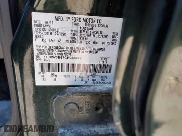 2012 Ford F-350 XL with VIN 1FT8W3B67CEC66479, listed as a Copart auction lot 74112284 with 64,711 mi miles and Salvage title. Bid and sale history available at DreamBid. Image 13.
