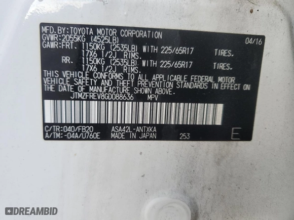 2016 Toyota RAV4 LE with VIN JTMZFREV8GD088636, listed as a Copart auction lot 88306115 with 111,213 mi miles and Salvage Title. Bid and sale history available at carsss.com. Image 14.