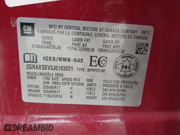 2018 Chevrolet Equinox LT with VIN 2GNAXSEV3J6183071, listed as a IAAI auction lot 42006145 with 113,683 mi miles. Bid and sale history available at carsss.com. Image 9.