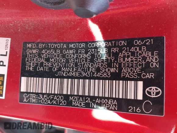 2021 Toyota Corolla SE with VIN JTND4MBE3M3144583, listed as a IAAI auction lot 41803082 with 88,198 mi miles and . Bid and sale history available at DreamBid. Image 9.