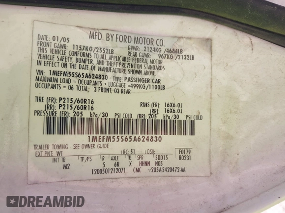 2005 Mercury Sable LS with VIN 1MEFM55S65A624830, listed as a IAAI auction lot 41393472 with 190,036 mi miles and . Bid and sale history available at DreamBid. Image 9.