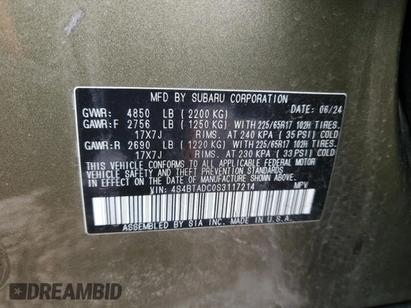 2025 Subaru Outback Premium z VIN 4S4BTADC0S3117214, wystawiony jako Copart lot #45672585 z przebiegiem 7 608 mil mil oraz Szkoda całkowita • Salvage title. Historia ofert i sprzedaży dostępna na DreamBid. Obrazek 16.