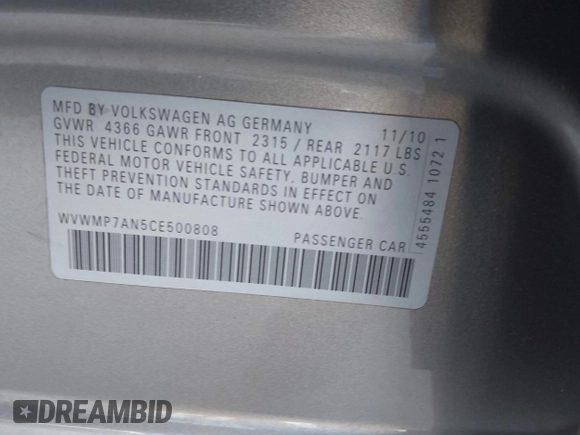 2012 Volkswagen CC Sport PZEV with VIN WVWMP7AN5CE500808, listed as a IAAI auction lot 41849450 with 132,611 mi miles. Bid and sale history available at carsss.com. Image 9.