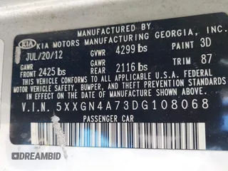 2013 Kia Optima EX with VIN 5XXGN4A73DG108068, listed as a IAAI auction lot 42059774 with 210,179 mi miles and . Bid and sale history available at carsss.com. Image 9.