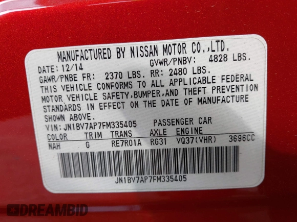 2015 Infiniti Q50 Premium with VIN JN1BV7AP7FM335405, listed as a IAAI auction lot 41502424 with 76,517 mi miles and . Bid and sale history available at DreamBid. Image 9.