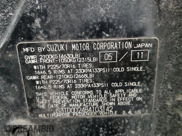 2011 Suzuki Grand Vitara Premium z VIN JS3TD0D24B4103142, wystawiony jako Copart lot #43715135 z przebiegiem 170 422 mil mil oraz Szkoda całkowita • Salvage title. Historia ofert i sprzedaży dostępna na DreamBid. Obrazek 13.