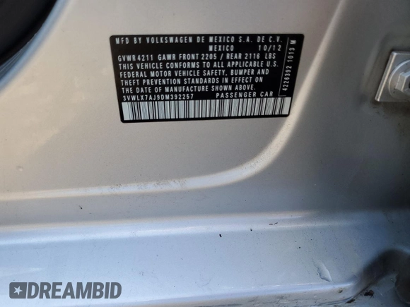 2013 Volkswagen Jetta SEL with VIN 3VWLX7AJ9DM392257, listed as a Copart auction lot 54011485 with 119,903 mi miles and Salvage title. Bid and sale history available at DreamBid. Image 12.