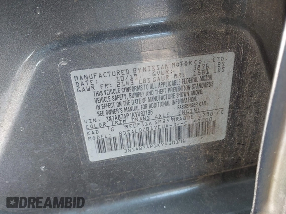 2019 Nissan Sentra SV with VIN 3N1AB7AP1KY430196, listed as a IAAI auction lot 41398490 with 77,818 mi miles and . Bid and sale history available at DreamBid. Image 9.