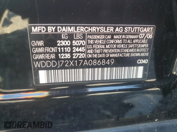 2007 Mercedes-Benz CLS-Class 5.5L with VIN WDDDJ72X17A086849, listed as a Copart auction lot 70840064 with 103,631 mi miles and Salvage Title. Bid and sale history available at carsss.com. Image 12.