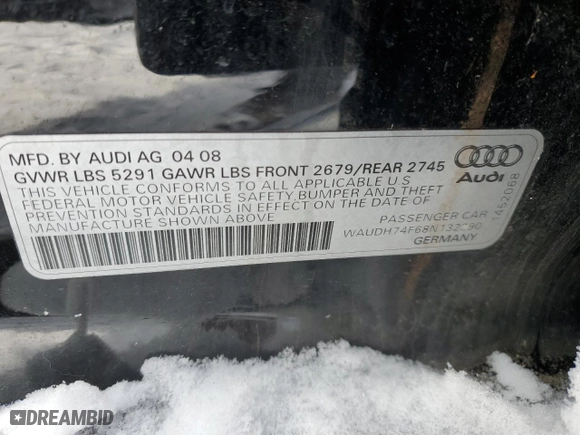 2008 Audi A6 with VIN WAUDH74F68N132290, listed as a Copart auction lot 45107065 with 0 mi miles and Salvage Title. Bid and sale history available at carsss.com. Image 12.