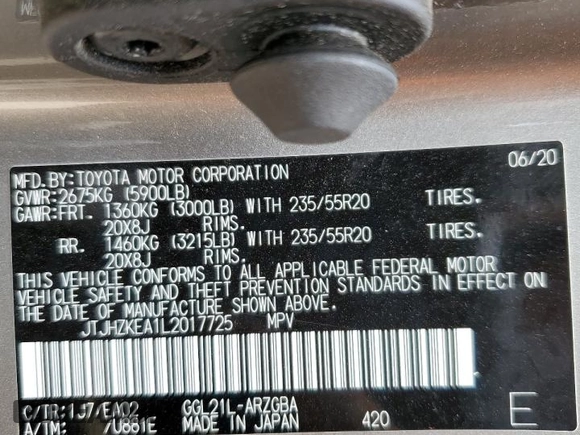 2020 Lexus RX 350L with VIN JTJHZKEA1L2017725, listed as a Copart auction lot 56022175 with 100,463 mi miles and Salvage title. Bid and sale history available at DreamBid. Image 13.