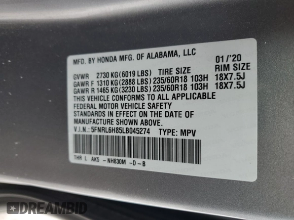 2020 Honda Odyssey Touring with VIN 5FNRL6H85LB045274, listed as a Copart auction lot 41745745 with 63,771 mi miles and Salvage title. Bid and sale history available at DreamBid. Image 13.