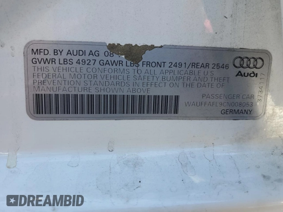 2012 Audi A4 2.0T Premium Plus with VIN WAUFFAFL9CN008053, listed as a Copart auction lot 50214205 with 152,667 mi miles and Salvage Title. Bid and sale history available at carsss.com. Image 12.