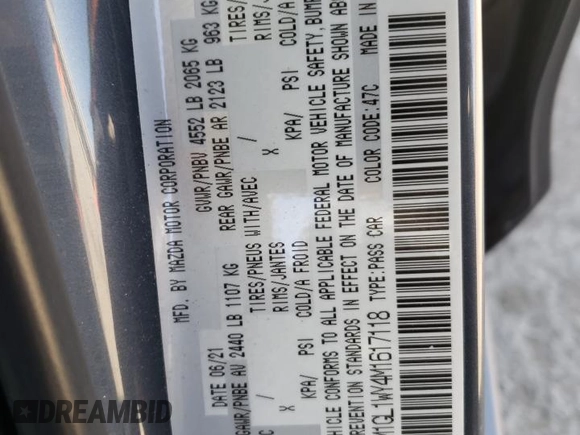 2021 Mazda 6 Grand Touring Reserve with VIN JM1GL1WY4M1617118, listed as a Copart auction lot 54951114 with 14,670 mi miles and Salvage Title. Bid and sale history available at DreamBid. Image 12.