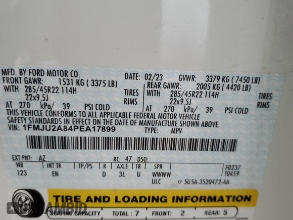 2023 Ford Expedition Limited with VIN 1FMJU2A84PEA17899, listed as a Copart auction lot 53954915 with Not provided miles and Salvage title. Bid and sale history available at DreamBid. Image 13.