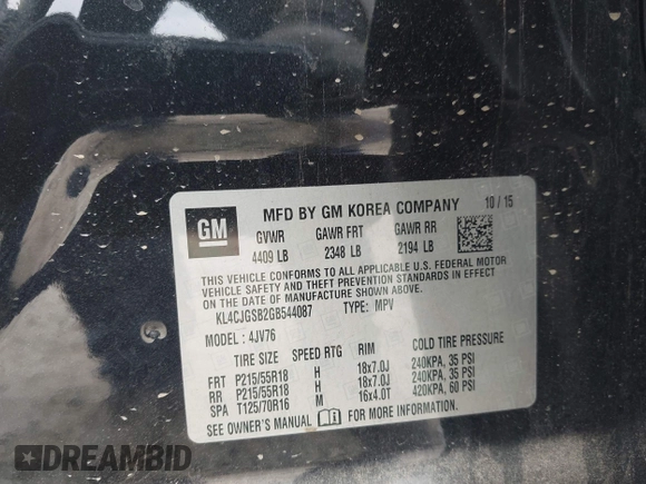 2016 Buick Encore Leather with VIN KL4CJGSB2GB544087, listed as a IAAI auction lot 42226964 with 88,163 mi miles and . Bid and sale history available at DreamBid. Image 9.