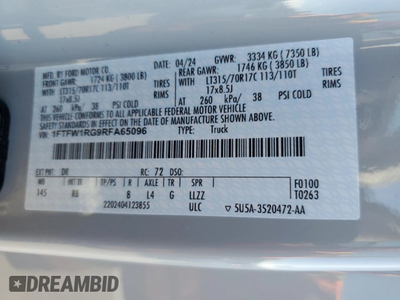 2024 Ford F-150 Raptor with VIN 1FTFW1RG9RFA65096, listed as a Copart auction lot 43702405 with 21,959 mi miles and Salvage Title. Bid and sale history available at DreamBid. Image 13.