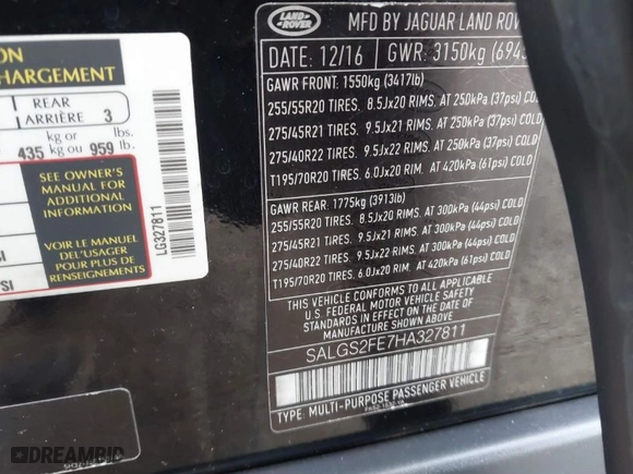 2017 Land Rover Range Rover with VIN SALGS2FE7HA327811, listed as a IAAI auction lot 41232873 with 55,304 mi miles. Bid and sale history available at carsss.com. Image 9.