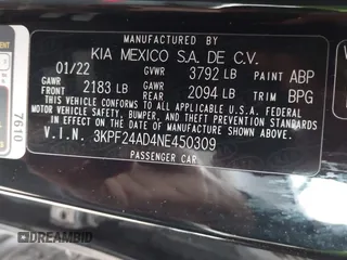 2022 Kia Forte LXS z VIN 3KPF24AD4NE450309, wystawiony jako IAAI lot #42066381 z przebiegiem 43 314 mil mil oraz . Historia ofert i sprzedaży dostępna na DreamBid. Obrazek 9.
