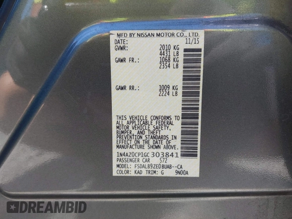 2016 Nissan LEAF S with VIN 1N4AZ0CP1GC303841, listed as a IAAI auction lot 42686655 with 82,690 mi miles and . Bid and sale history available at DreamBid. Image 9.
