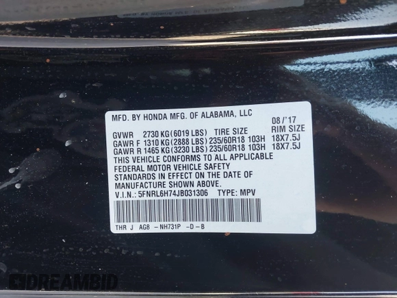 2018 Honda Odyssey EX-L z VIN 5FNRL6H74JB031306, wystawiony jako IAAI lot #41603478 z przebiegiem Nie podano mil oraz . Historia ofert i sprzedaży dostępna na DreamBid. Obrazek 9.