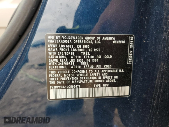 2018 Volkswagen Atlas SE with VIN 1V2DP2CA1JC592679, listed as a Copart auction lot 54727595 with 143,310 mi miles and Salvage title. Bid and sale history available at DreamBid. Image 13.