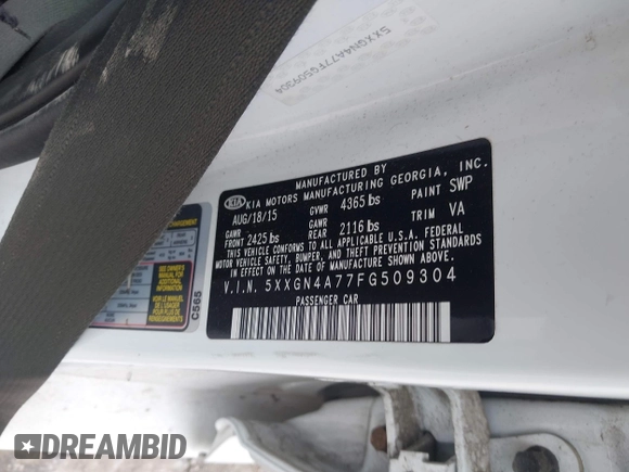 2015 Kia Optima EX with VIN 5XXGN4A77FG509304, listed as a IAAI auction lot 42026439 with 96,144 mi miles. Bid and sale history available at carsss.com. Image 9.