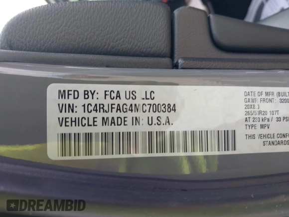 2021 Jeep Grand Cherokee Laredo E with VIN 1C4RJFAG4MC700384, listed as a IAAI auction lot 42192672 with 54,525 mi miles and . Bid and sale history available at DreamBid. Image 9.