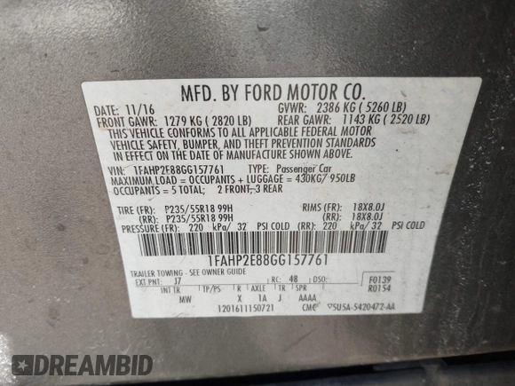 2016 Ford Taurus SEL with VIN 1FAHP2E88GG157761, listed as a IAAI auction lot 41937397 with 129,142 mi miles and . Bid and sale history available at DreamBid. Image 9.