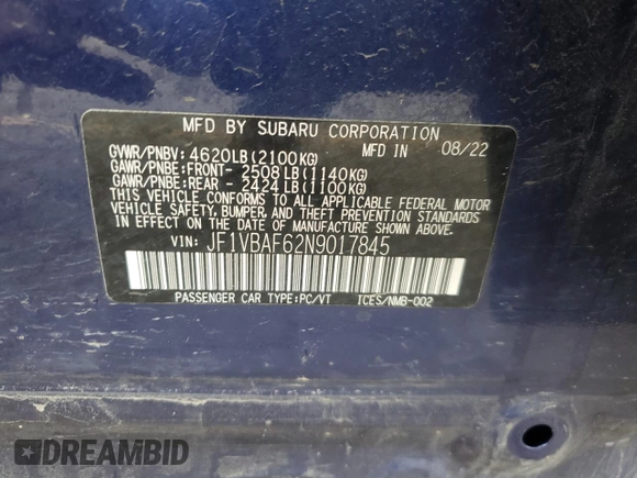 2022 Subaru WRX Premium with VIN JF1VBAF62N9017845, listed as a Copart auction lot 57850165 with 13,023 mi miles and Clean title. Bid and sale history available at DreamBid. Image 13.