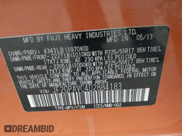 2013 Subaru Crosstrek Premium with VIN JF2GPAVC4D2884183, listed as a IAAI auction lot 42410373 with 160,582 mi miles and . Bid and sale history available at DreamBid. Image 9.
