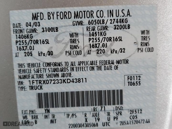 2003 Ford F-150 XL with VIN 1FTRX07233KD43811, listed as a Copart auction lot 85113414 with 215,390 mi miles and Salvage Title. Bid and sale history available at carsss.com. Image 12.