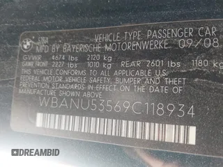 2009 BMW 5 Series 528i with VIN WBANU53569C118934, listed as a IAAI auction lot 41935178 with 208,848 mi miles and . Bid and sale history available at carsss.com. Image 9.