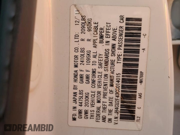 2012 Acura TSX with VIN JH4CU2F43CC014015, listed as a Copart auction lot 60648565 with 180,601 mi miles and Salvage title. Bid and sale history available at DreamBid. Image 12.